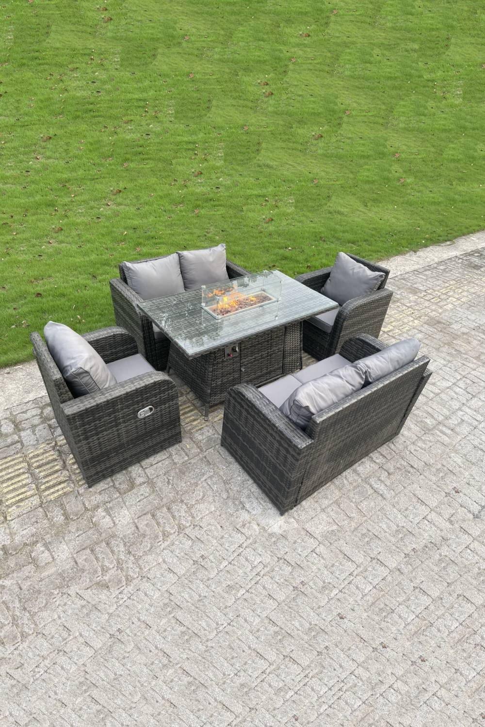 Rattan Outdoor Furniture Gas Fire Pit Rectangle Dining Table Gas Heater Adjustable Reclining Chairs 